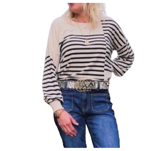 CABI Box Stripe Pullover Black Cream Stretch Small Long Sleeve‎ Shirt Top Casual - Picture 3 of 8